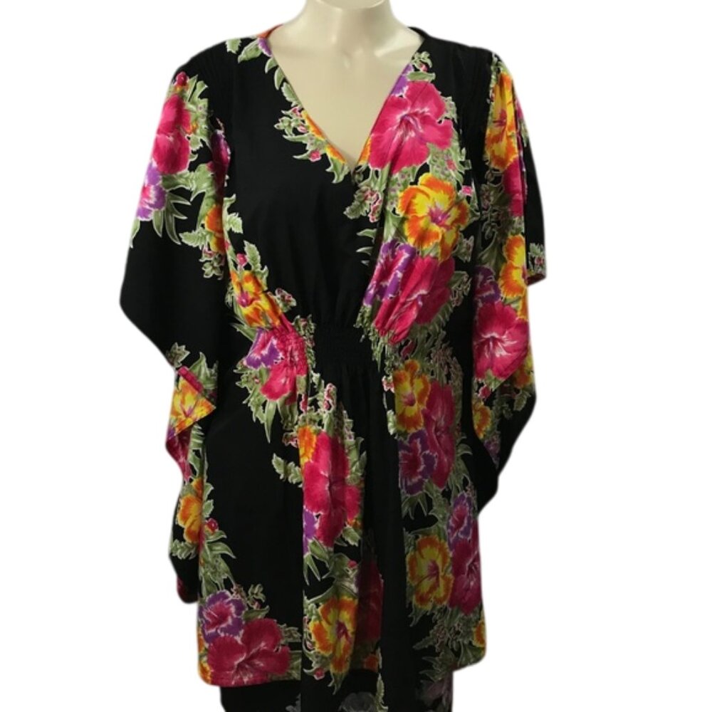 Rima handpaint floral top V-neck elastic Terivoile very large roomy One Size